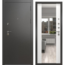 Входная дверь А-00/71-Z люкс (Муар черное серебро / Шагрень белая, с зеркалом)